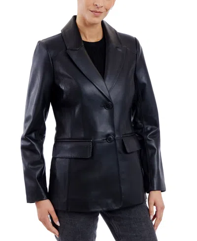 Anne Klein Women's Leather Button-front Blazer Coat In Black