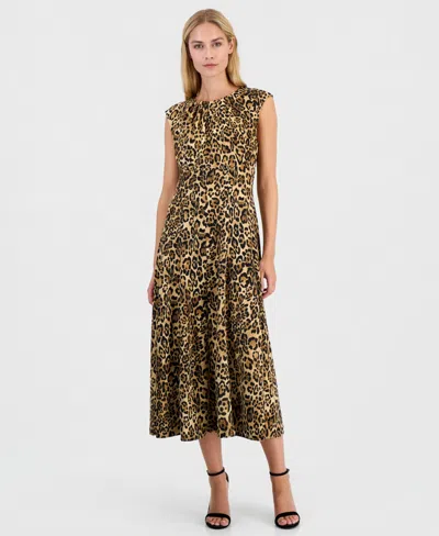 Anne Klein Women's Leopard-print A-line Sleeveless Midi Dress In Animal Print