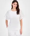 Anne Klein Ladder Stitch Inset Linen Blend Top In Bright White