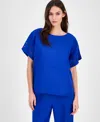 Anne Klein Ladder Stitch Inset Linen Blend Top In Santorini Blue