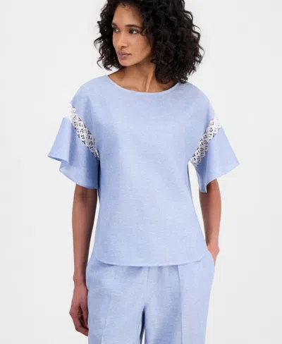 Anne Klein Lace Trim Flutter Sleeve Linen Blend Top In Blue