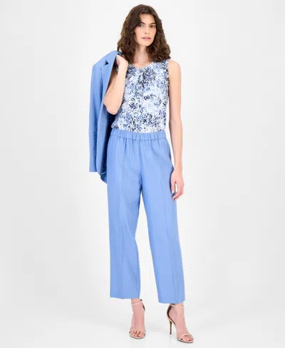 Anne Klein Women's Linen-blend Mid-rise Straight-leg Ankle Pants In Blue