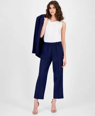Anne Klein Women's Linen-blend Mid-rise Straight-leg Ankle Pants In Blue