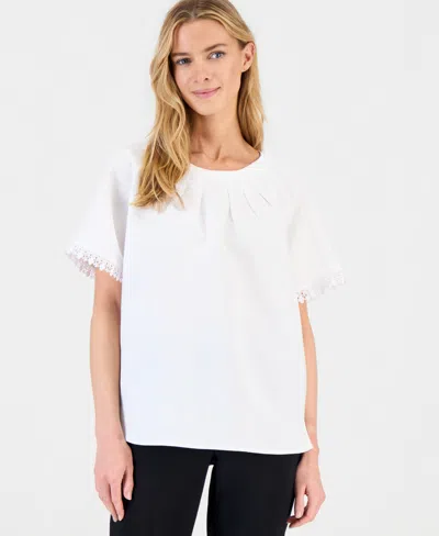 Anne Klein Women's Linen-blend Pleated-neck Lace-cuff Top, Regular & Petite In White
