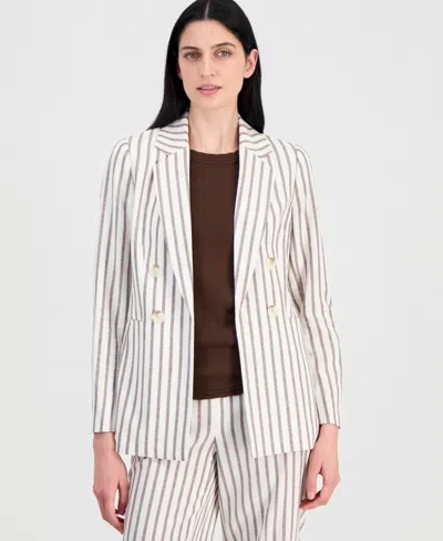 Anne Klein Women's Linen-blend Striped Open Front Blazer In Neutral