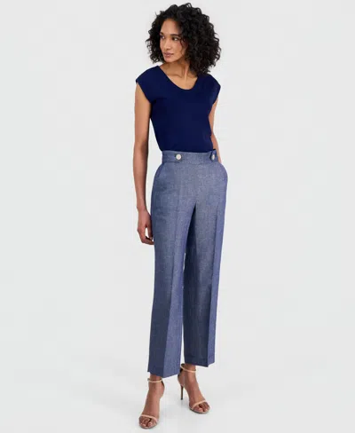 Anne Klein Women's Linen-blend Tab-waist Pull-on Trousers In Blue