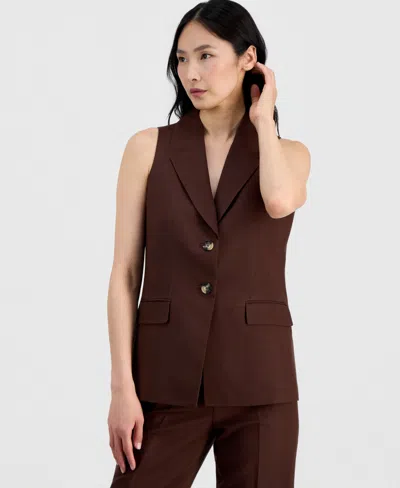 Anne Klein Women's Linen-blend Two-button Notch-collar Vest In Brown