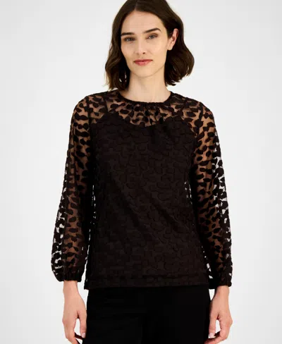 Anne Klein Women's Long-sleeve Burnout Top In Black