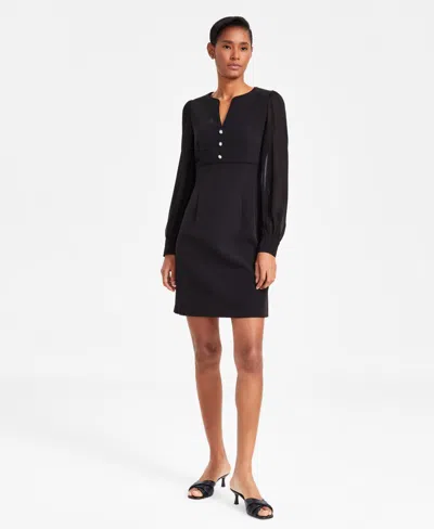 Anne Klein Sheer Long Sleeve Flare Dress In Black