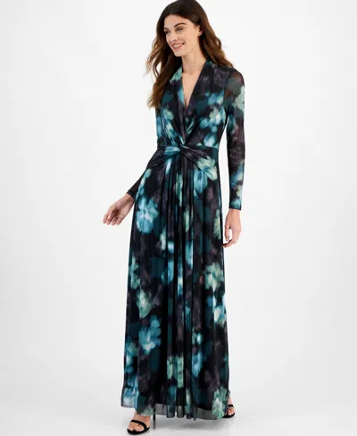 Anne Klein Women's Long-sleeve Twist-front Maxi Dress In Black