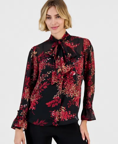 Anne Klein Women's Long-sleeve Bow-front Floral-print Blouse In Black
