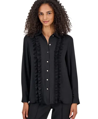 Anne Klein Women's Long-sleeve Button-front Ruffle Blouse In Black