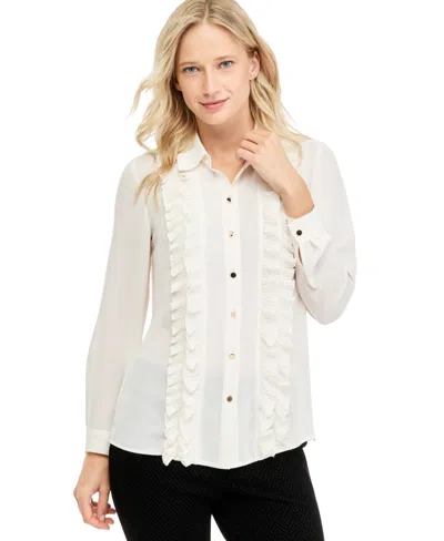 Anne Klein Women's Long-sleeve Button-front Ruffle Blouse In White