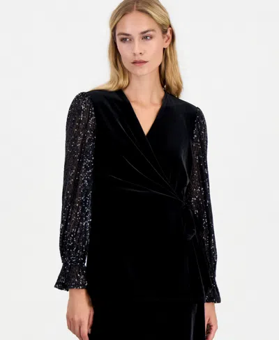 Anne Klein Women's Long-sleeve Ruffle-cuff Wrap Blouse In Black
