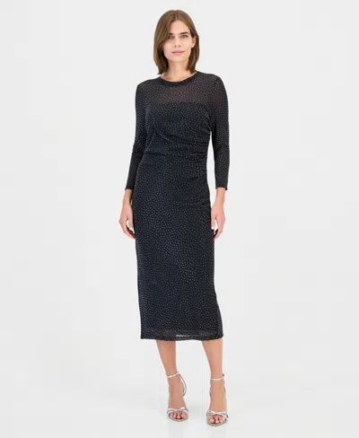 Anne Klein Women's Long-sleeve Side-ruched Sparkly Mesh Midi Dress In Black