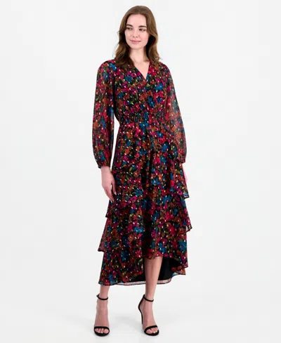 Anne Klein Women's Long-sleeve V-neck Asymmetrical Dress In Multi
