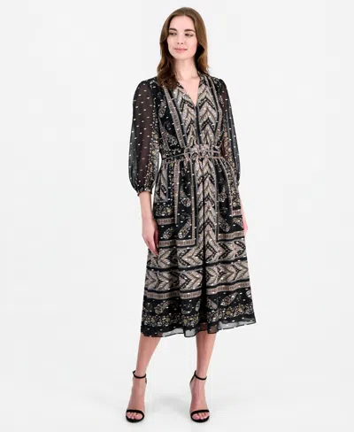 Anne Klein Women's Long-sleeve V-neck Smocked Ruffle Midi Dress In Multi