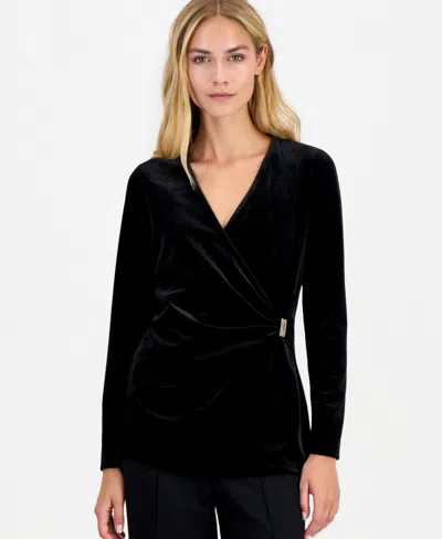 Anne Klein Women's Long-sleeve Wrap Velvet Blouse In Blue