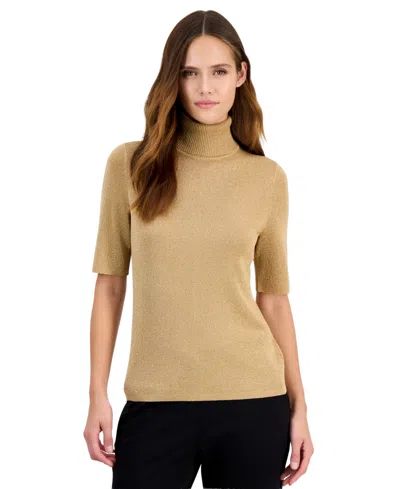 Anne Klein Womens Metallic Knit Turtleneck Sweater In Gold