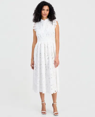 Anne Klein Women's Mandarin-collar Ruffle-sleeve Midi Dress In White