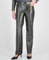 Anne Klein Womens Metallic Faux Leather Bootcut Pants In Gunmetal