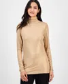 Anne Klein Shimmer Turtleneck Long Sleeve Top In Brown
