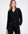 Anne Klein Women's Metallic-stripe Split-neck Blouse In Black