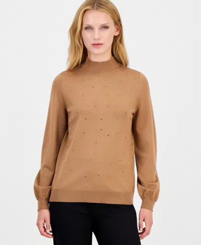 Anne Klein Womens Mock Neck Puff Sleeve Embellished Sweater In Brown