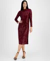 Anne Klein Sequin Mock Neck Long Sleeve Midi Dress In Red