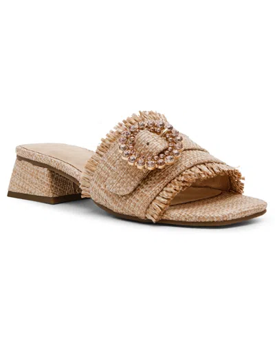 Anne Klein Women's Nahla Embellished Buckle Block Heel Dress Sandals In Natural Raffia