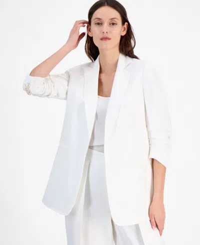Anne Klein Women's Linen Blend Notch-collar 3/4-sleeve Open Jacket In Bright White