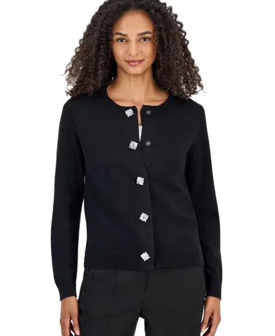 Anne Klein Womens Embellished Long Sleeve Fitted Cardigan In Black