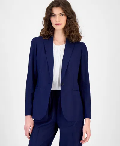 Anne Klein Women's One-button Notched-collar Linen-blend Blazer In Blue