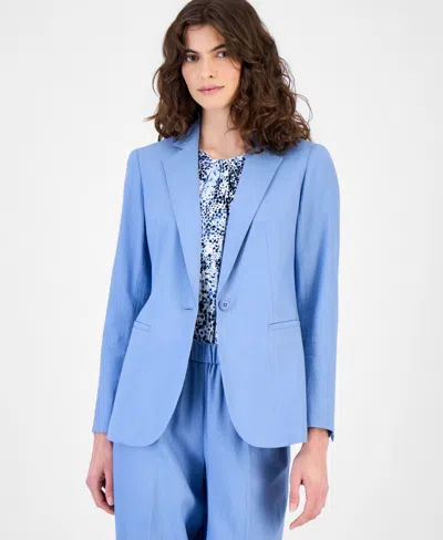 Anne Klein Women's One-button Notched-collar Linen-blend Blazer In Blue