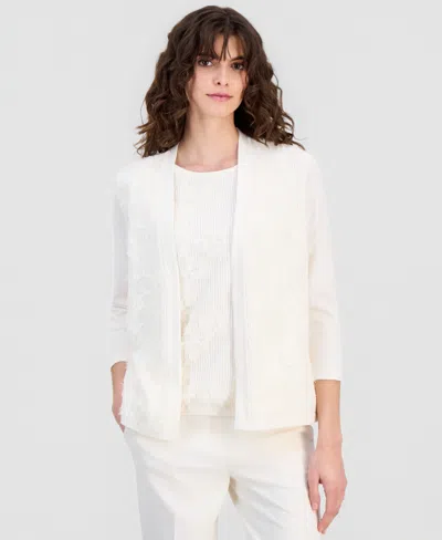 Anne Klein Women's Open-front Floral-applique Cardigan In White