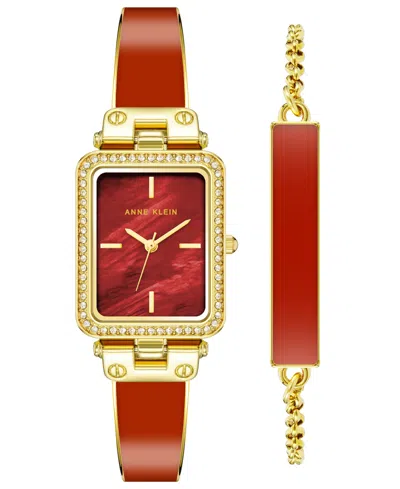 Anne Klein Women's Orange Enamel And Gold-tone Alloy Bangle Watch Set 33.5mm In Orange,rust