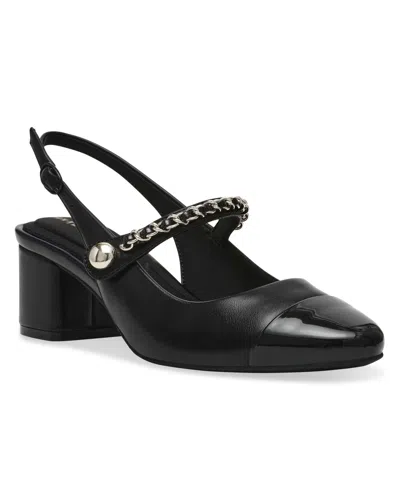 Anne Klein Women's Padova Cap Toe Mary Jane Slingback Block Heel Pumps In Black Smooth