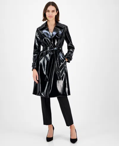 Anne Klein Women's Patent Faux-leather Trench Coat In Black