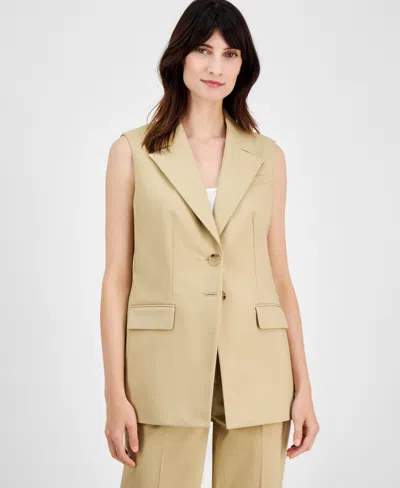 Anne Klein Stretch Cotton Two Button Vest In Coffee Cream