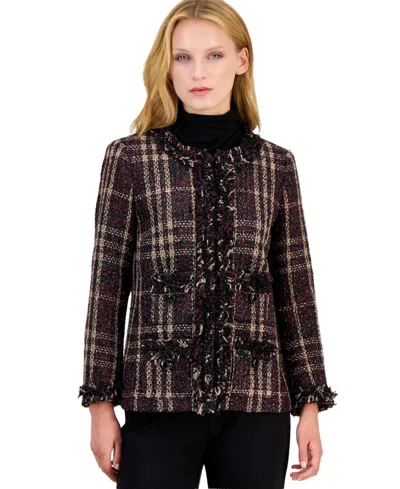 Anne Klein Women's Petite Fringe-trim Plaid Shawl-collar Jacket In Multi