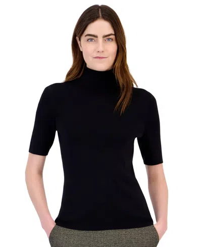 Anne Klein Women's Petite Half-sleeve Ribbed-knit Fitted Turtleneck Sweater In Black
