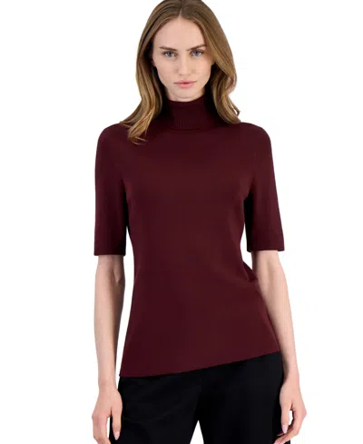 Anne Klein Women's Petite Half-sleeve Ribbed-knit Fitted Turtleneck Sweater In Burgundy