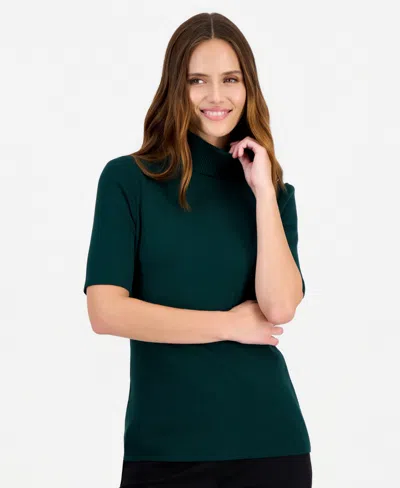 Anne Klein Women's Petite Half-sleeve Ribbed-knit Fitted Turtleneck Sweater In Green