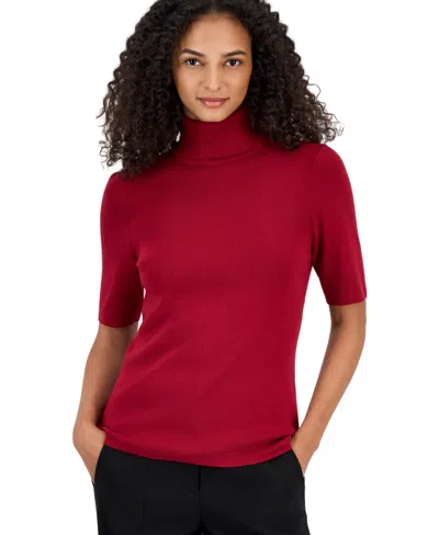 Anne Klein Women's Petite Half-sleeve Ribbed-knit Fitted Turtleneck Sweater In Red
