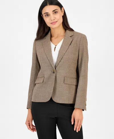 Anne Klein Women's Petite Plaid Notched-collar Blazer In Brown
