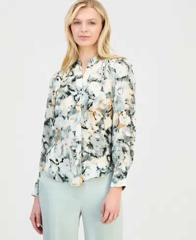 Anne Klein Plus Size Floral Ruffle-sleeve Tie-neck Blouse In Multi