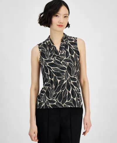 Anne Klein Women's Pleated-neck Printed Sleeveless Top In Anne Black,latte