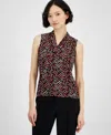 Anne Klein Women's Pleated-neck Printed Sleeveless Top In Anne Black,red Multi