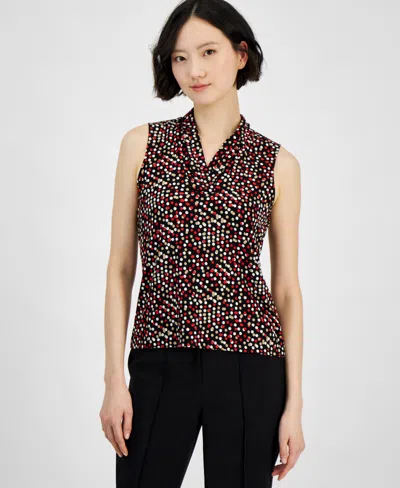 Anne Klein Women's Pleated-neck Printed Sleeveless Top In Anne Black,red Multi