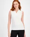 Shop Anne Klein Women's Pleated-neck Printed Sleeveless Top In Anne White